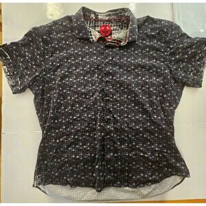 Au Noir Men's L Black/Gray Geometric Woven Cotton Stretch Short Sleeve Button-Up
